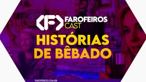 Capa do episódio 84 do Farofeiros Cast em um hexágono vermelho e roxo com bordas brancas. No centro, o título do episódio em letras grandes amarelas e laranja: "HISTÓRIAS DE BÊBADO". Ao fundo uma foto em alto contraste em tons roxos de uma montagem onde Tony Stark serve uma bebida, Thor e Mulher Invisível seguram copos.