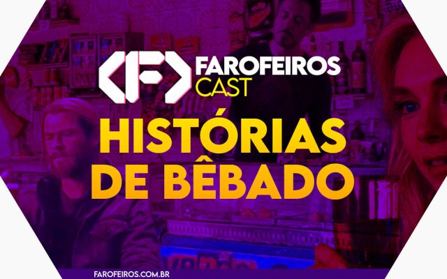 Capa do episódio 84 do Farofeiros Cast em um hexágono vermelho e roxo com bordas brancas. No centro, o título do episódio em letras grandes amarelas e laranja: "HISTÓRIAS DE BÊBADO". Ao fundo uma foto em alto contraste em tons roxos de uma montagem onde Tony Stark serve uma bebida, Thor e Mulher Invisível seguram copos.