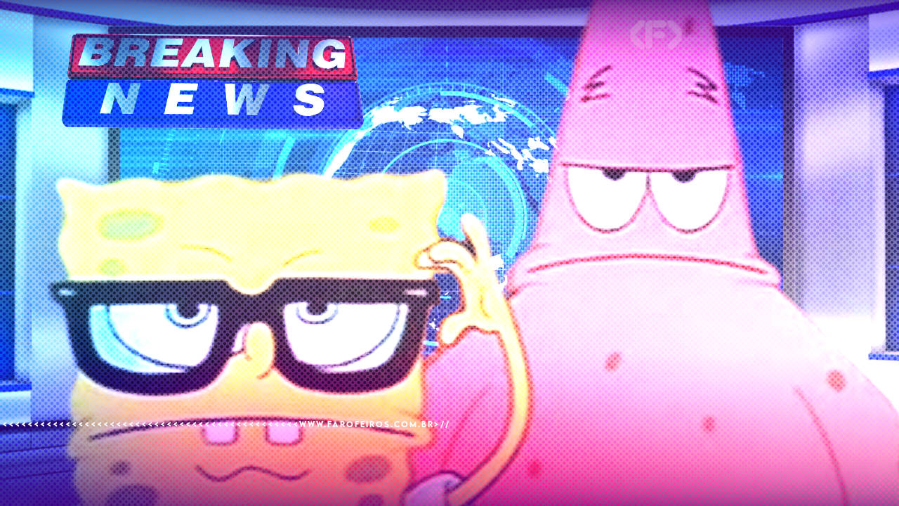 Montagem com Bob Esponja e Patrick extremamente sérios emum ambiente azul de um telejornal