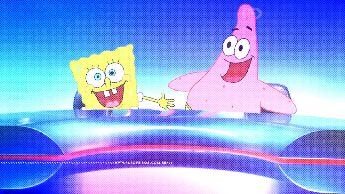 Montagem com Bob Esponja e Patrick sorridentes em uma bancada azul de um telejornal