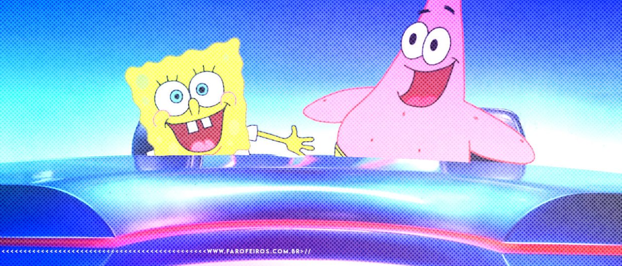 Montagem com Bob Esponja e Patrick sorridentes em uma bancada azul de um telejornal