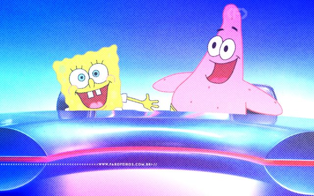 Montagem com Bob Esponja e Patrick sorridentes em uma bancada azul de um telejornal