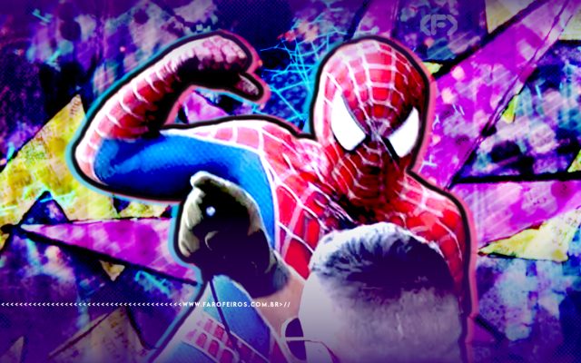 Montagem com a foto do Homem Aranha de Minneapolis erguendo o punho contra um racista com efeitos e texturas de quadrinhos ao fundo.