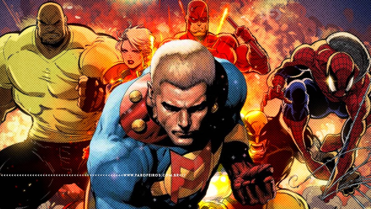 Montagem com uma figura de Miracleman à frente dos Vingadores