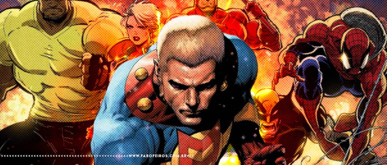 Montagem com uma figura de Miracleman à frente dos Vingadores