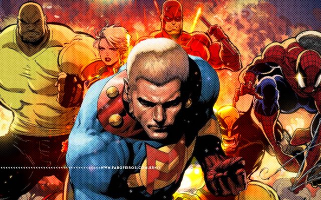 Montagem com uma figura de Miracleman à frente dos Vingadores