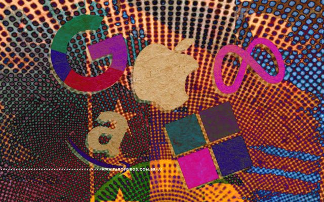 Montagem digital com efeito de alta exposição com - supostamente - logotipos de big techs
