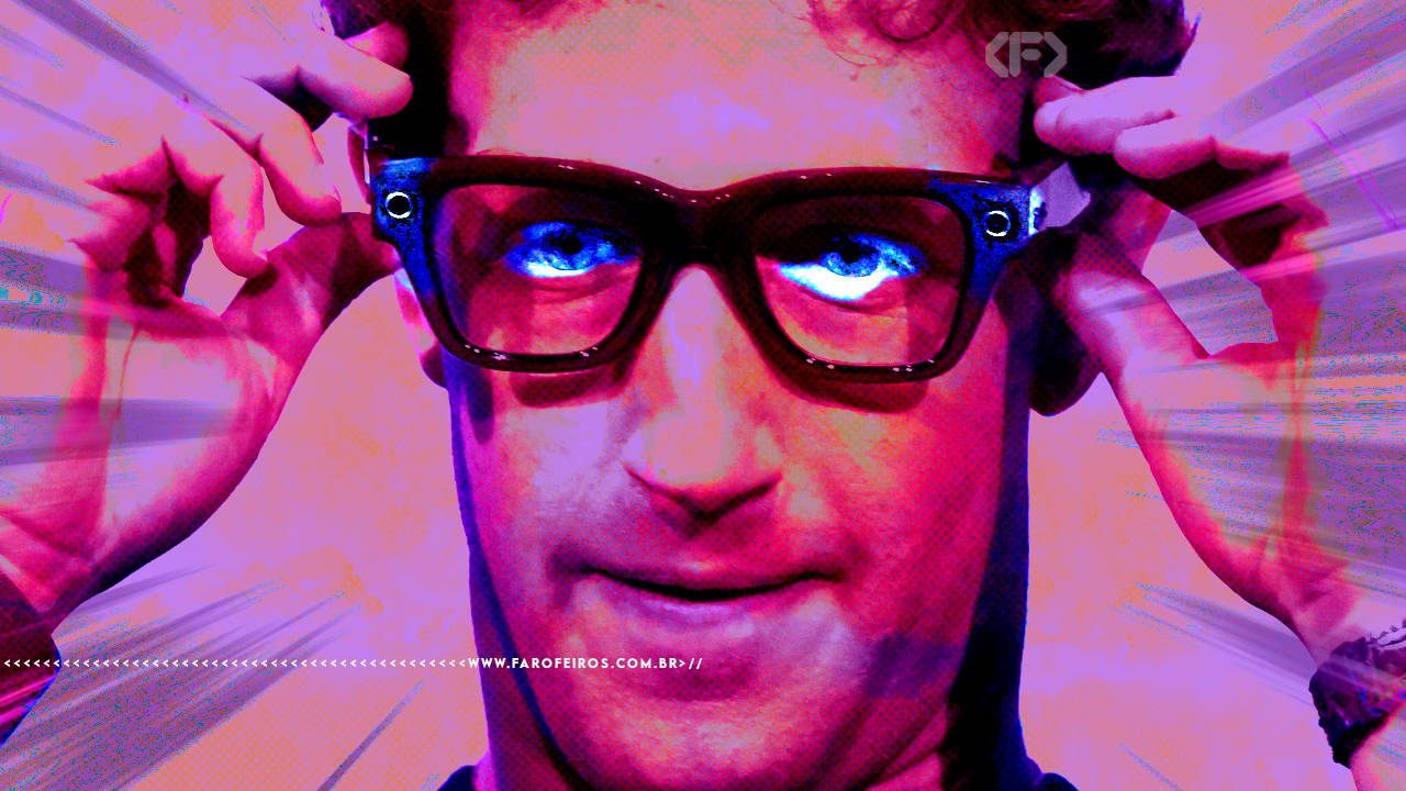 Montagem digital com efeitos de alta exposição e reticular mostrando Mark Zumberg - dono da Meta - usando um dos seus óculos inteligentes - conhecidos como óculos de pervertido.