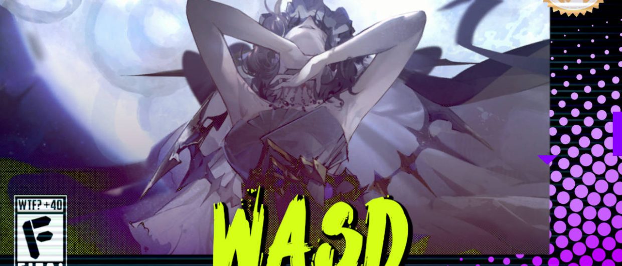 Capa do WASD podcast mostrando uma personagem do jogo Morimens olhando para cima com os cotovelos erguidos mas as mãos tocando seu pescoço com delicadeza em tons de cinza. Na parte inferior, o título "WASD" em letras verde fluorescentes com tinta pingando, sobre o endereço farofeiros.com.br. No canto inferior esquerdo, classificação indicativa paródica "WTF? +40" e " F" e "EITA!". No canto superior direito, o logotipo do Farofeiros em dourado. À direita, painel decorativo preto com bolinhas roxas em estilo retro como se fosse a caixa de um jogo de Super Nintendo.