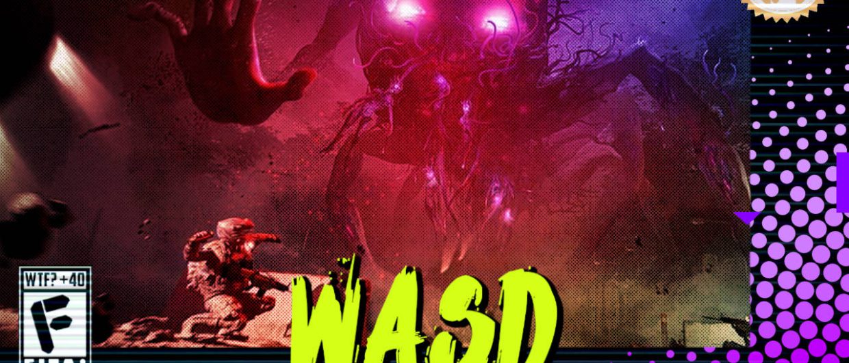 Capa do WASD podcast mostrando personagens do jogo Once Human com um humano, ajoelhado se preparando para arremessar algo contra uma figura de um ônibus com olhos vermelhos e diversos braços humanos saindo dele em pose ameaçadora. Na parte inferior, o título "WASD" em letras verde fluorescentes com tinta pingando, sobre o endereço farofeiros.com.br. No canto inferior esquerdo, classificação indicativa paródica "WTF? +40" e " F" e "EITA!". No canto superior direito, o logotipo do Farofeiros em dourado. À direita, painel decorativo preto com bolinhas roxas em estilo retro como se fosse a caixa de um jogo de Super Nintendo.