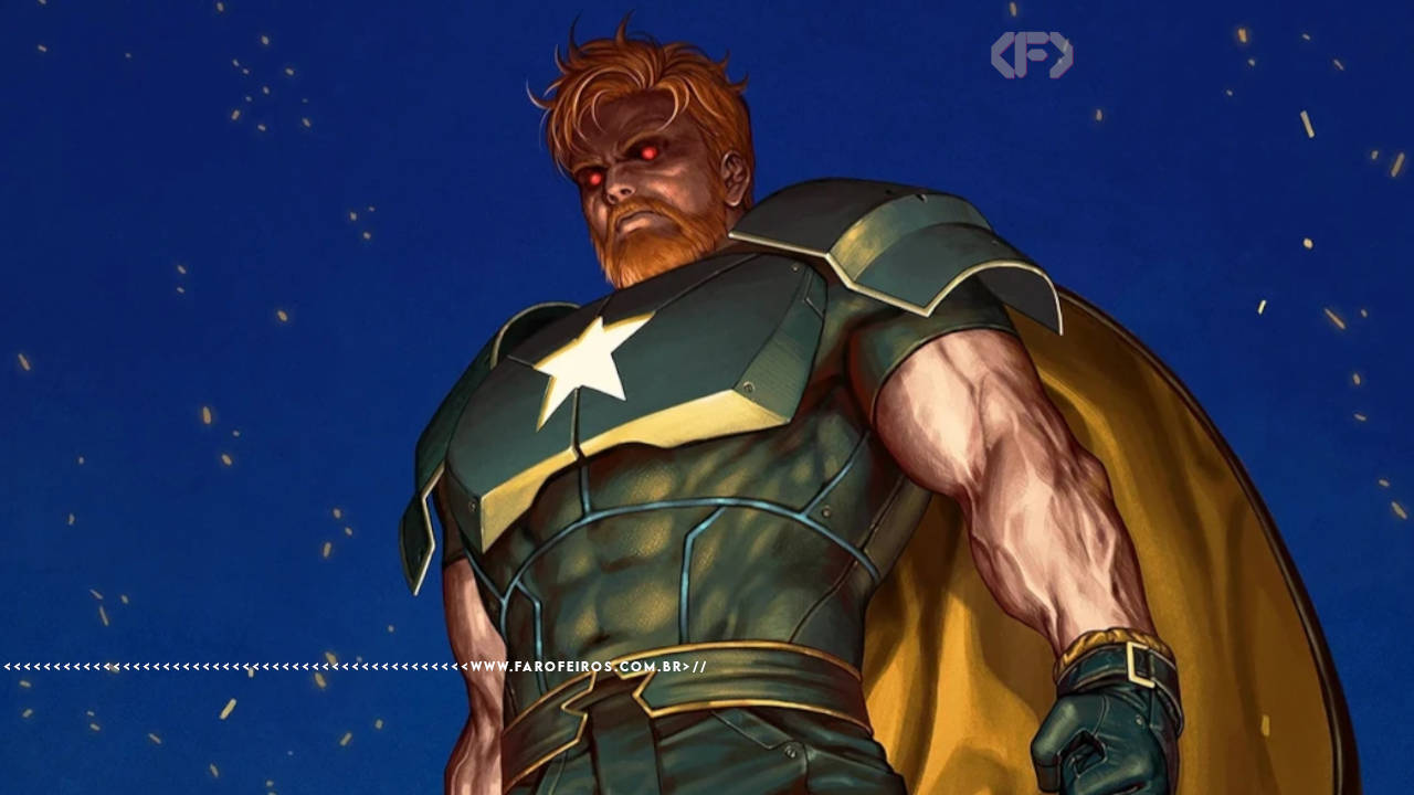 Personagem David Colton - homem branco com barba e armadura sem capacete com uma estrela no peito e capa verde - flutuando no céu noturno olhando de cima com os olhos vermelhos