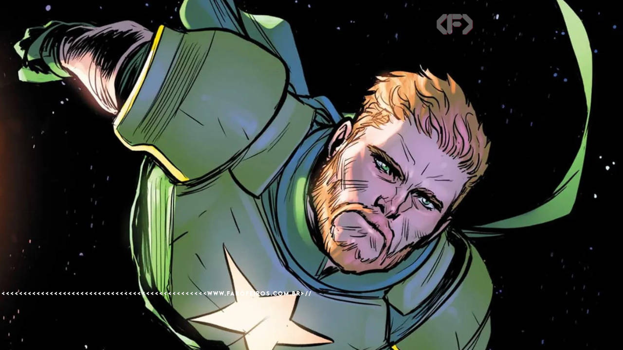 Personagem David Colton - homem branco com barba e armadura sem capacete com uma estrela no peito e capa verde - voando no espaço 