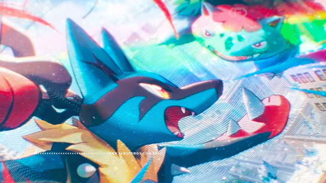 Recorte de arte de carta de Pokémon com a versão com filtros digitais da carta de TCG da mega evolução de Lucario lutando contra um Venusaur no ar acima de uma cidade.