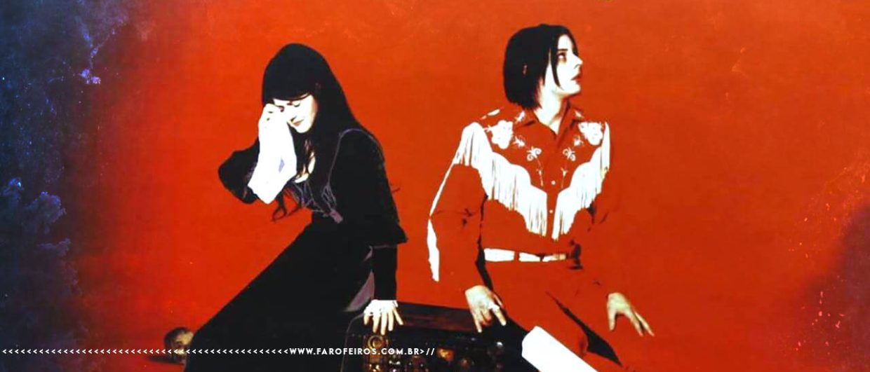 A banda The White Stripes com Meg, vestida de preto, simula um choro com um lenço em seu rosto e Jack, usando vermelho, olha surpreso para uma lâmpada acima dele. Ambos estão sentados no que parece ser amplificadores de som em um ambiente vermelho. A imagem tem efeito de alto contraste.