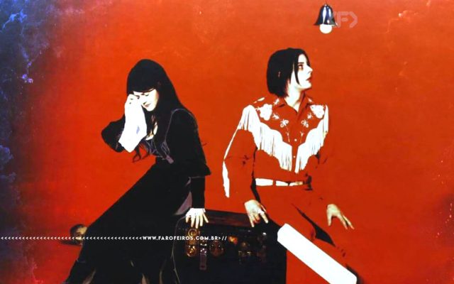 A banda The White Stripes com Meg, vestida de preto, simula um choro com um lenço em seu rosto e Jack, usando vermelho, olha surpreso para uma lâmpada acima dele. Ambos estão sentados no que parece ser amplificadores de som em um ambiente vermelho. A imagem tem efeito de alto contraste.