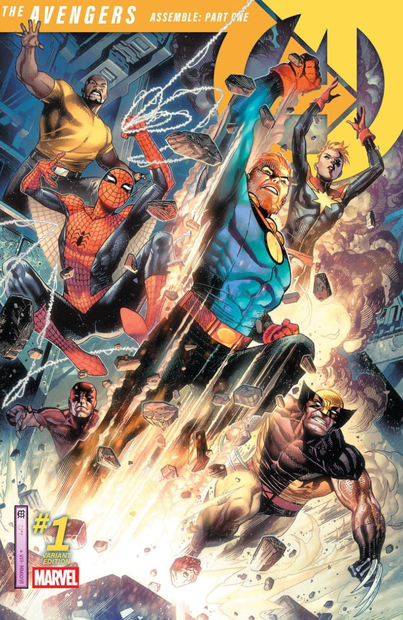 Capa Avengers #1 com Miracleman - Capitã Marvel - Demolidor - Luke Cage - Wolverine e Homem Aranha destruindo uma parede