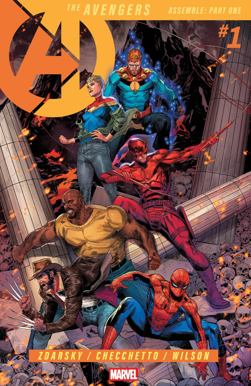 Capa Avengers #1 com Miracleman - Capitã Marvel - Demolidor - Luke Cage - Wolverine e Homem Aranha em um cenário cheio de crânios