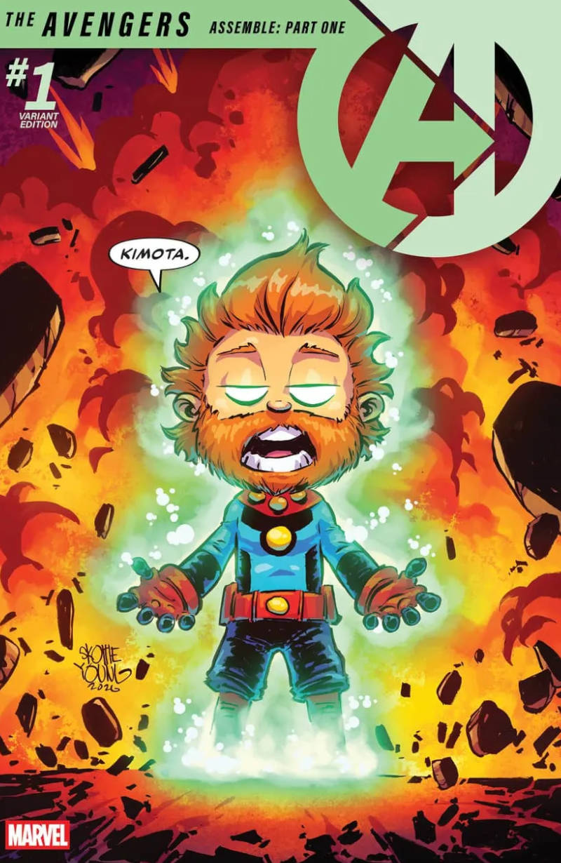 Capa Avengers #1 com Miracleman em versão infantil brilhando e falando KIMOTA