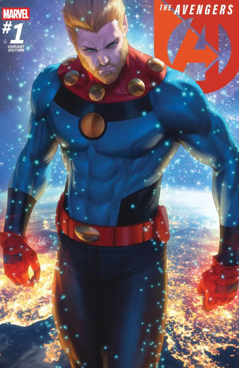 Capa Avengers #1 com Miracleman voando em cim de uma cidade fazendo pose poderosa