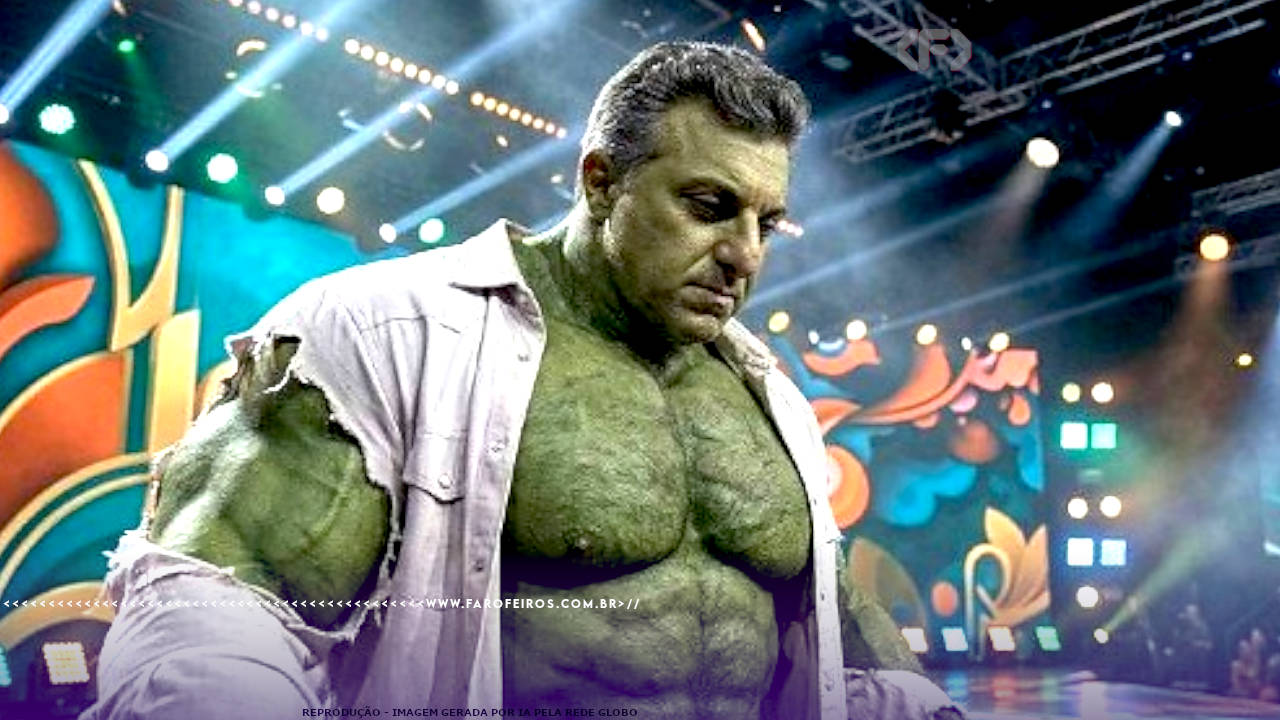 Corte de peça publicitária da Rede Globo mostrando Luciano Huck como o Incrível Hulk com camisa rasgada