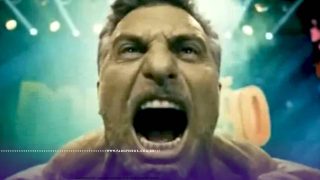 Corte de peça publicitária da Rede Globo mostrando Luciano Huck como o Incrível Hulk em close do rosto gritando