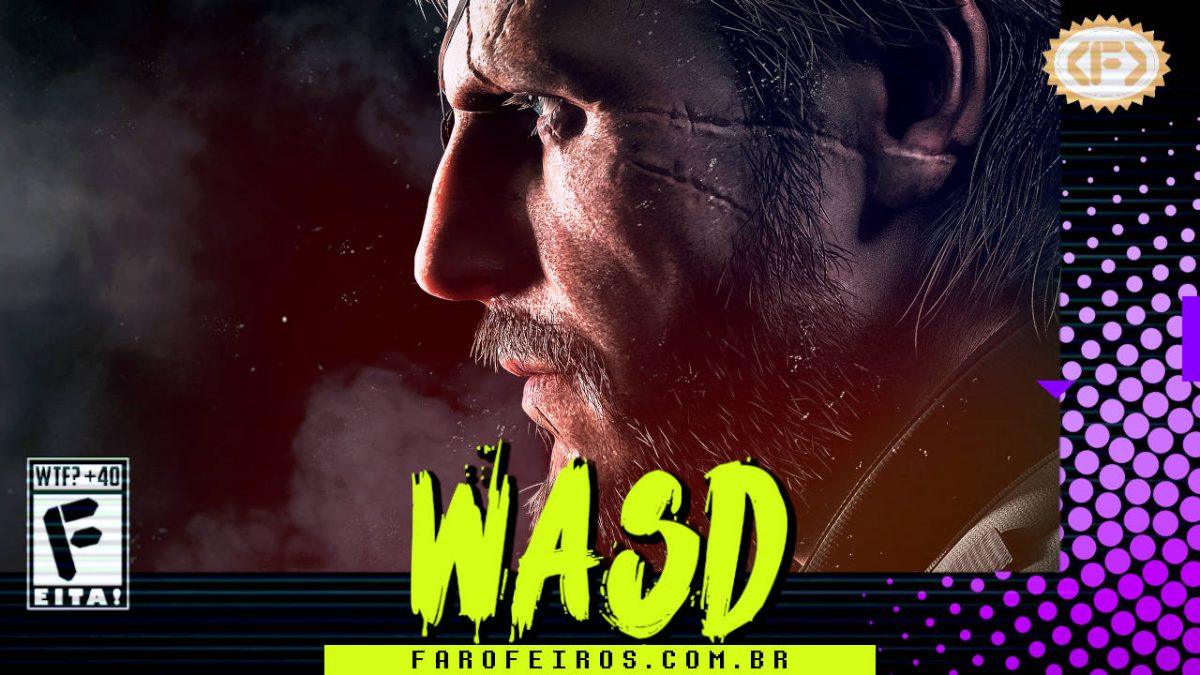 Capa do WASD podcast mostrando uma imagem de Solid Snake de perfil. Na parte inferior, o título "WASD" em letras verde fluorescentes com tinta pingando, sobre o endereço farofeiros.com.br. No canto inferior esquerdo, classificação indicativa paródica "WTF? +40" e " F" e "EITA!". No canto superior direito, o logotipo do Farofeiros em dourado. À direita, painel decorativo preto com bolinhas roxas em estilo retro como se fosse a caixa de um jogo de Super Nintendo.