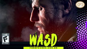 Capa do WASD podcast mostrando uma imagem de Solid Snake de perfil. Na parte inferior, o título "WASD" em letras verde fluorescentes com tinta pingando, sobre o endereço farofeiros.com.br. No canto inferior esquerdo, classificação indicativa paródica "WTF? +40" e " F" e "EITA!". No canto superior direito, o logotipo do Farofeiros em dourado. À direita, painel decorativo preto com bolinhas roxas em estilo retro como se fosse a caixa de um jogo de Super Nintendo.