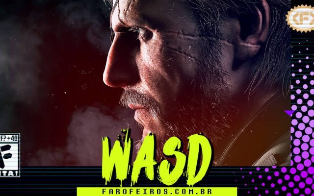 Capa do WASD podcast mostrando uma imagem de Solid Snake de perfil. Na parte inferior, o título "WASD" em letras verde fluorescentes com tinta pingando, sobre o endereço farofeiros.com.br. No canto inferior esquerdo, classificação indicativa paródica "WTF? +40" e " F" e "EITA!". No canto superior direito, o logotipo do Farofeiros em dourado. À direita, painel decorativo preto com bolinhas roxas em estilo retro como se fosse a caixa de um jogo de Super Nintendo.