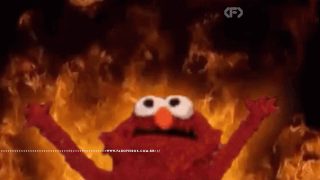 Meme conhecido como Let It Burn - Com um boneco estilo Muppet com braços erguinhos olhando para cima com chamas ao fundo