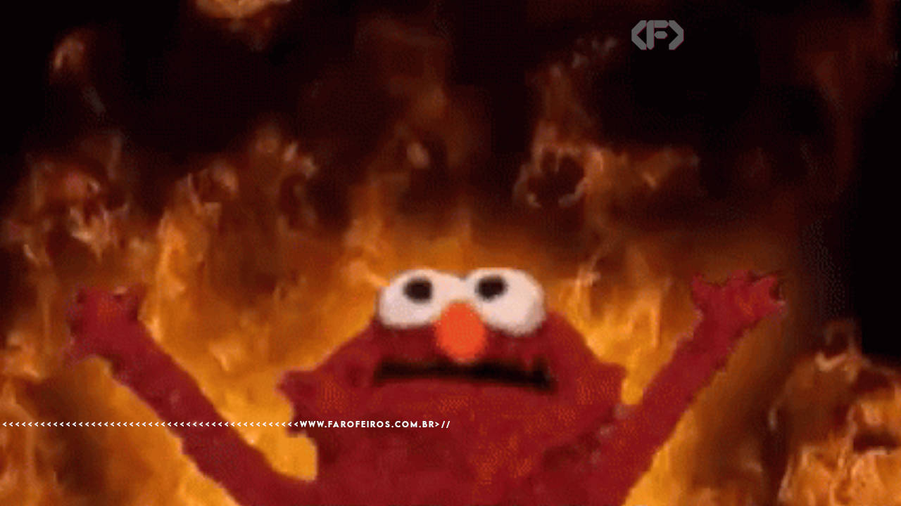 Meme conhecido como Let It Burn - Com um boneco estilo Muppet com braços erguinhos olhando para cima com chamas ao fundo