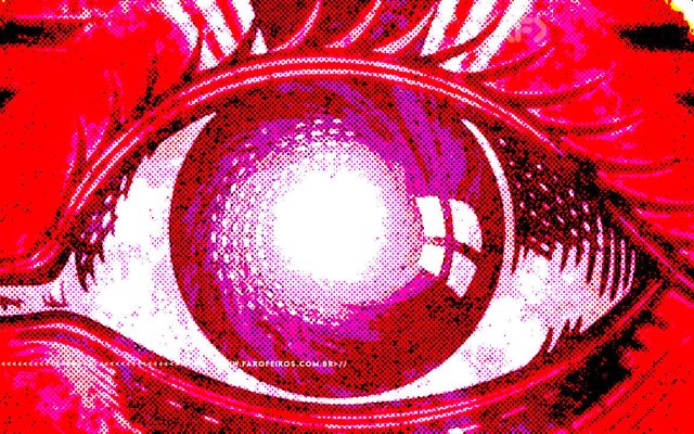 Montagem digital da arte de olho humano retirado de arte da capa do licro 1984 de George Orwell com filtros e alta exposição