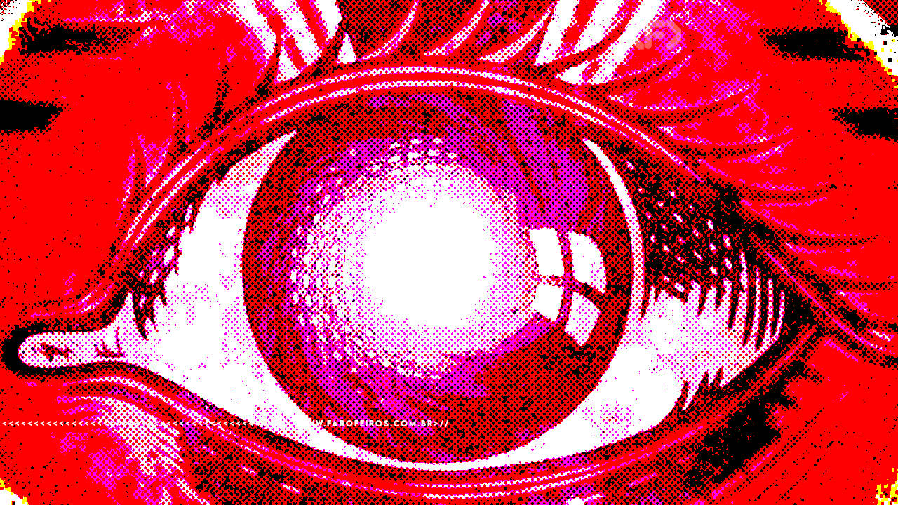 Montagem digital da arte de olho humano retirado de arte da capa do licro 1984 de George Orwell com filtros e alta exposição