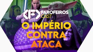 Capa do episódio 85 do Farofeiros Cast em um hexágono vermelho e roxo com bordas brancas. No centro, o título do episódio em letras grandes amarelas e laranja: "O IMPÉRIO CONTRA ATACA". Ao fundo uma montagem com personagens de Star Wars e uma Estrela da Morte com a bandeira dos EUA projetada em uma delas ao lado do Imperador sorridente.