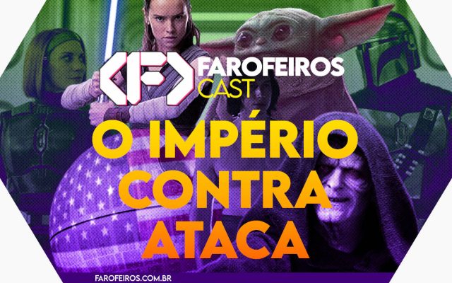 Capa do episódio 85 do Farofeiros Cast em um hexágono vermelho e roxo com bordas brancas. No centro, o título do episódio em letras grandes amarelas e laranja: "O IMPÉRIO CONTRA ATACA". Ao fundo uma montagem com personagens de Star Wars e uma Estrela da Morte com a bandeira dos EUA projetada em uma delas ao lado do Imperador sorridente.