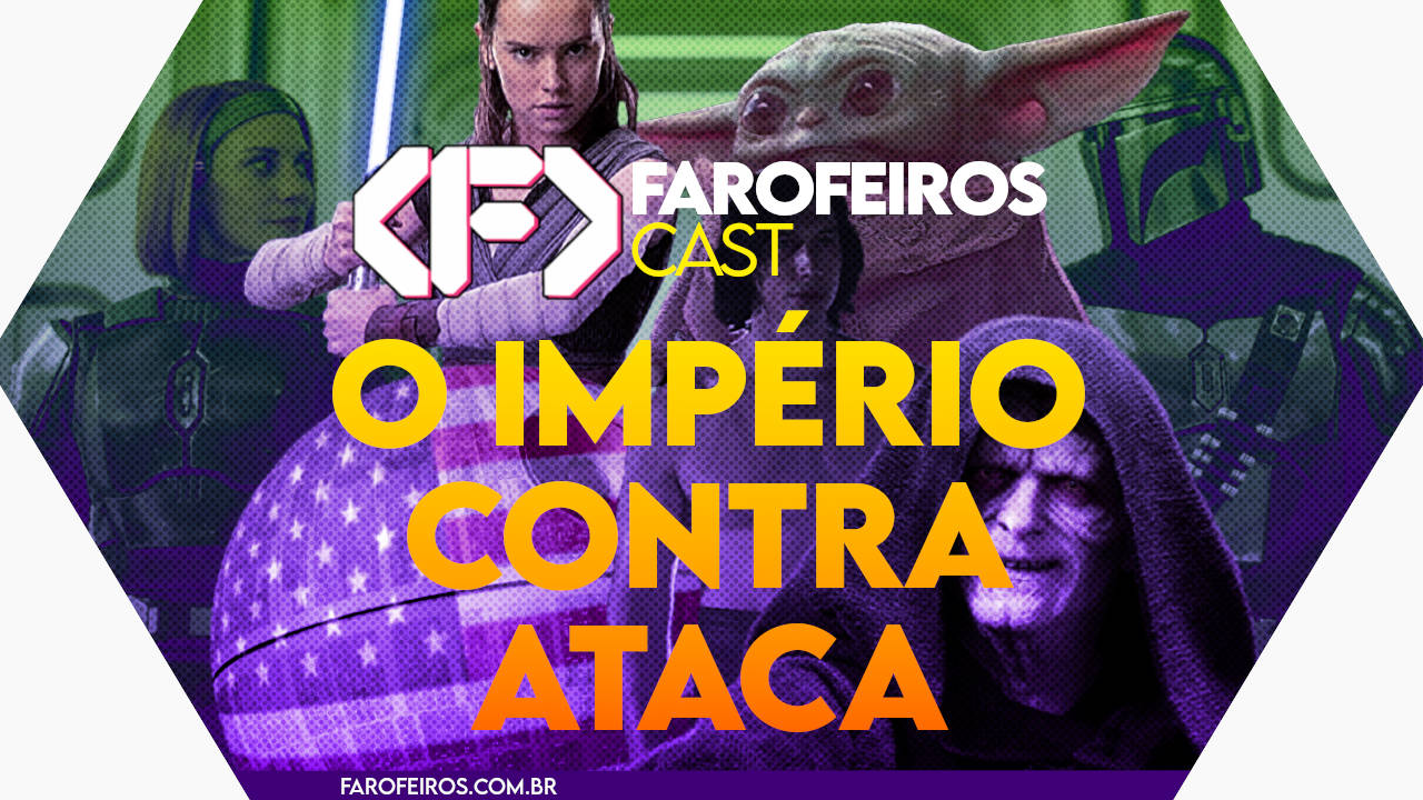 Capa do episódio 85 do Farofeiros Cast em um hexágono vermelho e roxo com bordas brancas. No centro, o título do episódio em letras grandes amarelas e laranja: "O IMPÉRIO CONTRA ATACA". Ao fundo uma montagem com personagens de Star Wars e uma Estrela da Morte com a bandeira dos EUA projetada em uma delas ao lado do Imperador sorridente.