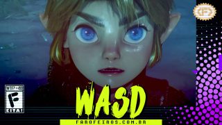 Capa do WASD podcast mostrando Link, do remake de Ocarina of Time assustado olhando para cima. Na parte inferior, o título "WASD" em letras verde fluorescentes com tinta pingando, sobre o endereço farofeiros.com.br. No canto inferior esquerdo, classificação indicativa paródica "WTF? +40" e " F" e "EITA!". No canto superior direito, o logotipo do Farofeiros em dourado. À direita, painel decorativo preto com bolinhas roxas em estilo retro como se fosse a caixa de um jogo de Super Nintendo.