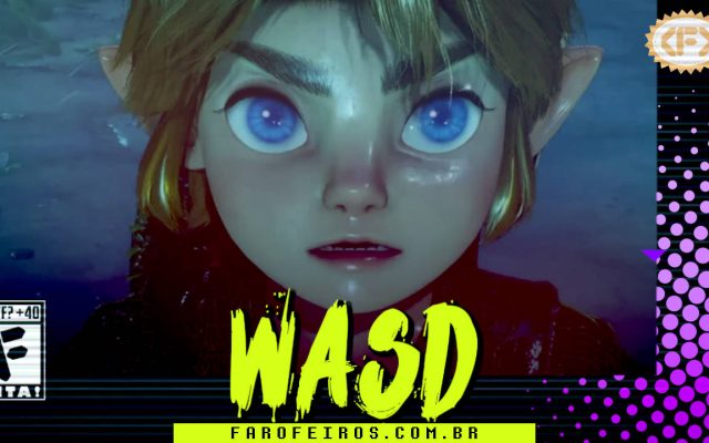 Capa do WASD podcast mostrando Link, do remake de Ocarina of Time assustado olhando para cima. Na parte inferior, o título "WASD" em letras verde fluorescentes com tinta pingando, sobre o endereço farofeiros.com.br. No canto inferior esquerdo, classificação indicativa paródica "WTF? +40" e " F" e "EITA!". No canto superior direito, o logotipo do Farofeiros em dourado. À direita, painel decorativo preto com bolinhas roxas em estilo retro como se fosse a caixa de um jogo de Super Nintendo.