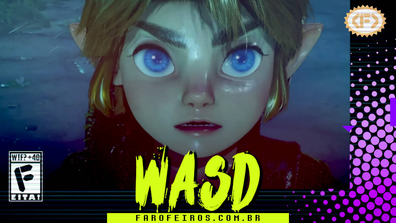 Capa do WASD podcast mostrando Link, do remake de Ocarina of Time assustado olhando para cima. Na parte inferior, o título "WASD" em letras verde fluorescentes com tinta pingando, sobre o endereço farofeiros.com.br. No canto inferior esquerdo, classificação indicativa paródica "WTF? +40" e " F" e "EITA!". No canto superior direito, o logotipo do Farofeiros em dourado. À direita, painel decorativo preto com bolinhas roxas em estilo retro como se fosse a caixa de um jogo de Super Nintendo.
