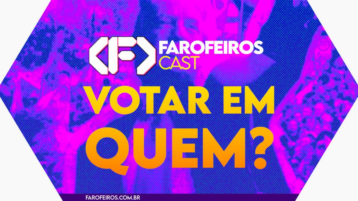 Capa do episódio 88 do Farofeiros Cast em um hexágono vermelho e roxo com bordas brancas. No centro, o título do episódio em letras grandes amarelas e laranja: "VOTAR EM QUEM?". Ao fundo uma imagem com cor roxa estourada de Donald Trump.