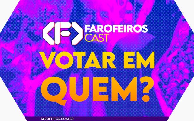 Capa do episódio 88 do Farofeiros Cast em um hexágono vermelho e roxo com bordas brancas. No centro, o título do episódio em letras grandes amarelas e laranja: "VOTAR EM QUEM?". Ao fundo uma imagem com cor roxa estourada de Donald Trump.