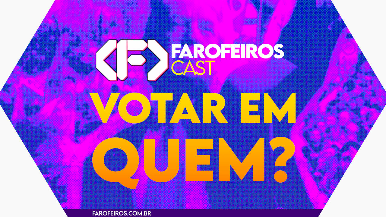Capa do episódio 88 do Farofeiros Cast em um hexágono vermelho e roxo com bordas brancas. No centro, o título do episódio em letras grandes amarelas e laranja: "VOTAR EM QUEM?". Ao fundo uma imagem com cor roxa estourada de Donald Trump.