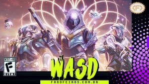 Capa do WASD podcast mostrando uma imagem de Destiny 2 com as três classes em destaque em um ambiente muito iluminado. Na parte inferior, o título "WASD" em letras verde fluorescentes com tinta pingando, sobre o endereço farofeiros.com.br. No canto inferior esquerdo, classificação indicativa paródica "WTF? +40" e " F" e "EITA!". No canto superior direito, o logotipo do Farofeiros em dourado. À direita, painel decorativo preto com bolinhas roxas em estilo retro como se fosse a caixa de um jogo de Super Nintendo.