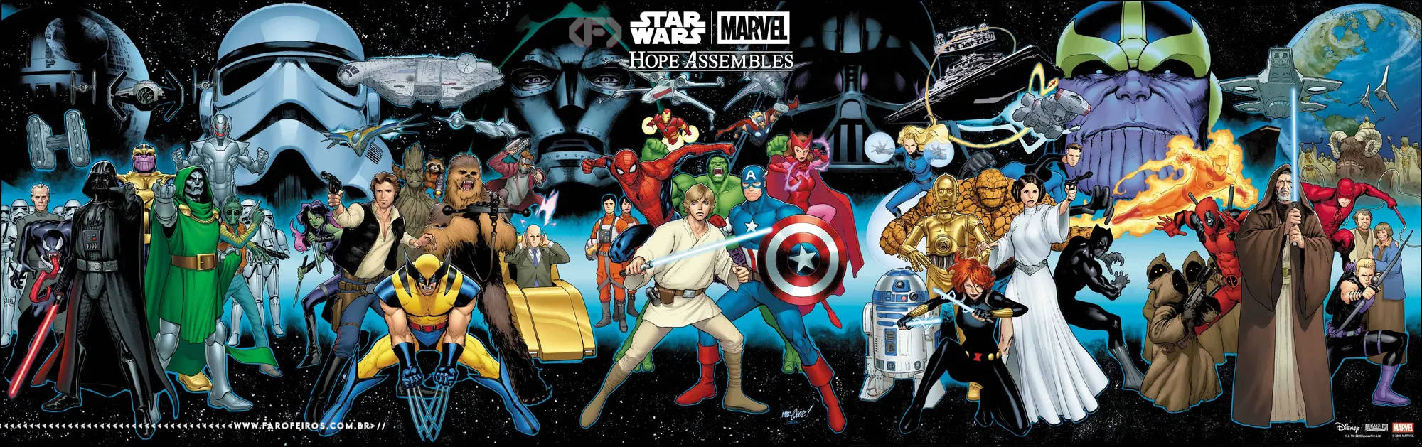 5 capas interconectadas com diversos personagens da Marvel e de Star Wars fazendo pose com vilões e naves ao fundo espacial
