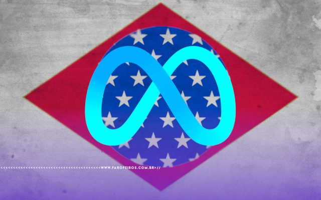 Bandeira do Brasil com as cores da bandeira dos EUA e o logo da Meta ao centro