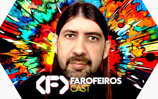 Capa do episódio 91 do Farofeiros Cast em um hexágono vermelho e roxo com bordas brancas. No centro uma montagem do youtuber Felca mas com o rosto de André Janones. Ao fundo uma explosão de cores.