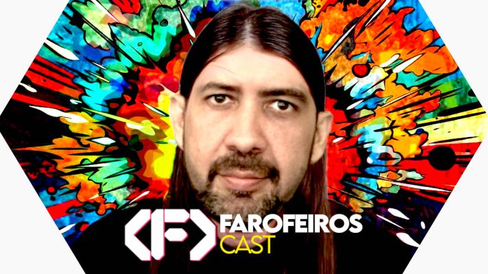 Capa do episódio 91 do Farofeiros Cast em um hexágono vermelho e roxo com bordas brancas. No centro uma montagem do youtuber Felca mas com o rosto de André Janones. Ao fundo uma explosão de cores.