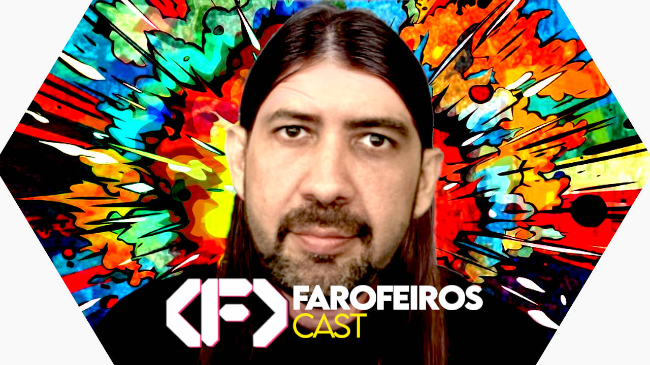 Capa do episódio 91 do Farofeiros Cast em um hexágono vermelho e roxo com bordas brancas. No centro uma montagem do youtuber Felca mas com o rosto de André Janones. Ao fundo uma explosão de cores.