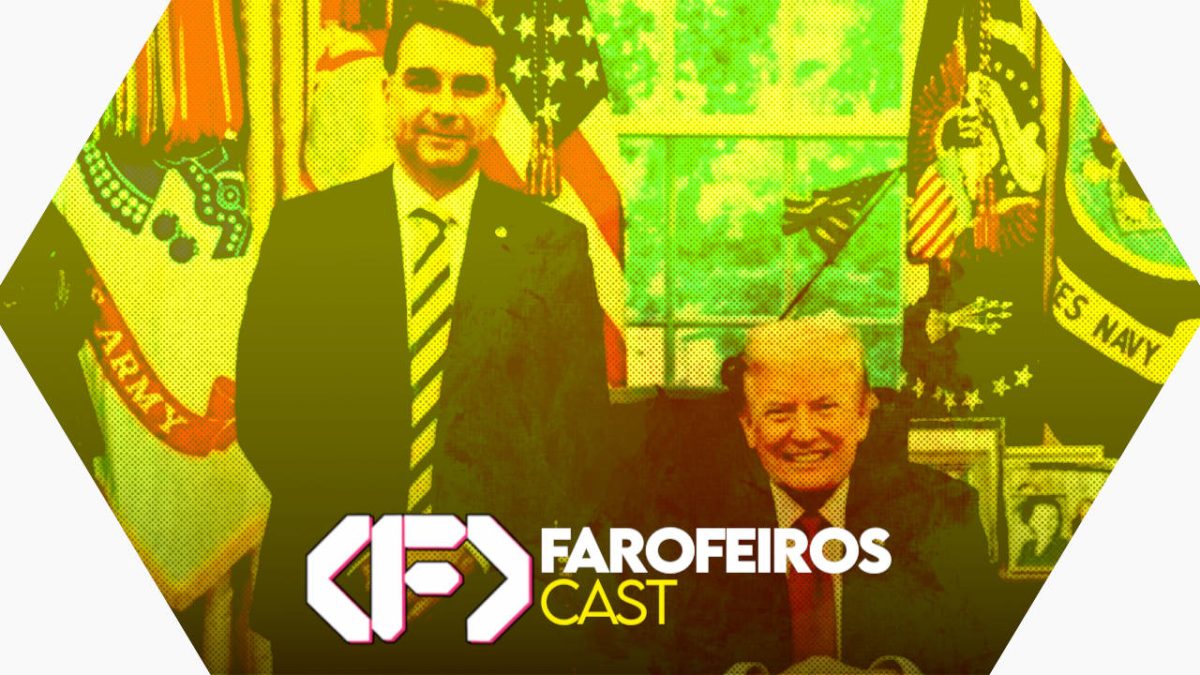 Capa do episódio 91 do Farofeiros Cast em um hexágono vermelho e roxo com bordas brancas. No centro uma foto de Flávio Bolsonaro ao lado de Donald Trump com filtro amarelo