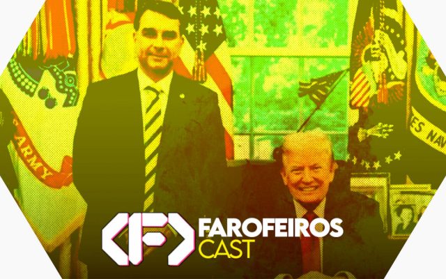 Capa do episódio 91 do Farofeiros Cast em um hexágono vermelho e roxo com bordas brancas. No centro uma foto de Flávio Bolsonaro ao lado de Donald Trump com filtro amarelo