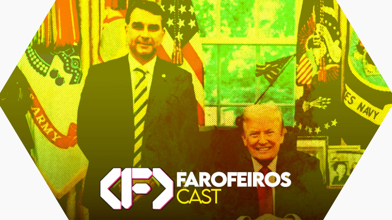 Capa do episódio 91 do Farofeiros Cast em um hexágono vermelho e roxo com bordas brancas. No centro uma foto de Flávio Bolsonaro ao lado de Donald Trump com filtro amarelo